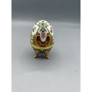 Ornate Porcelain Floral Egg Trinket Box Hinged Lid Gold Feet